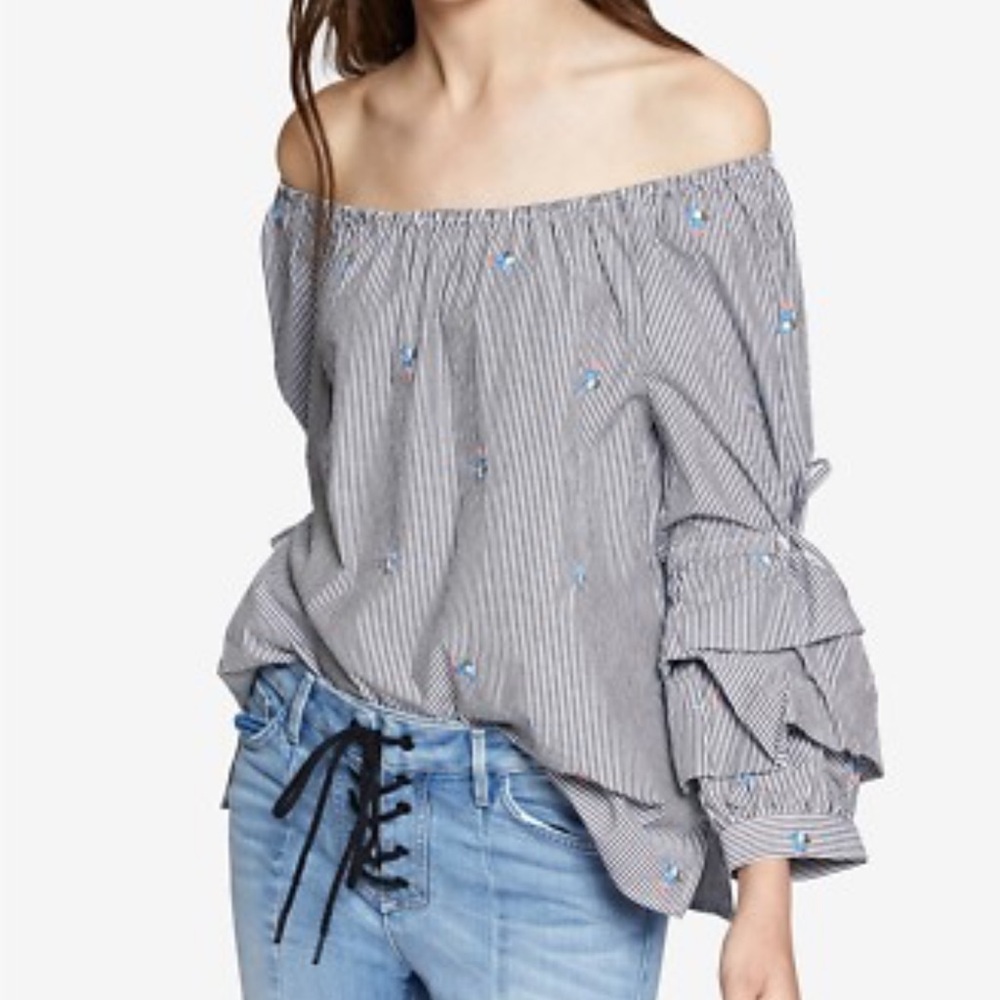 New Sanctuary Striped Floral Embroidered Top